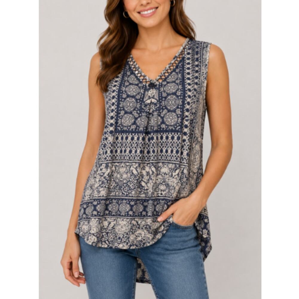 New Lucky Brand Women's Blue Tan Crochet Fallcore Linen Top Size Medium